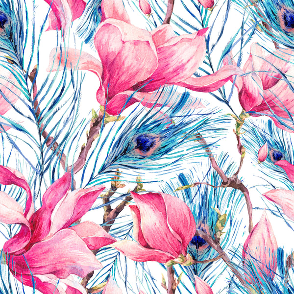 Flower Fabric, Watercolor Iris Fabric with peacock feathers, Cotton or Fleece 1565 - Beautiful Quilt 