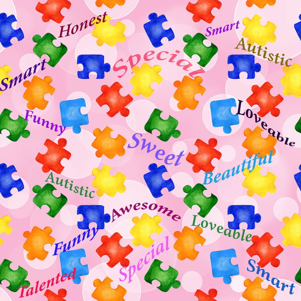 Autism Fabric Puzzle Pieces and Words on pink, Cotton or Fleece, 3370 - Beautiful Quilt 