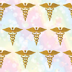 Medical Fabric, Caduceus in gold on a Rainbow Background, Cotton, Fleece, or Canvas 2241 - Beautiful Quilt 