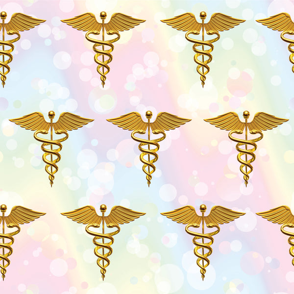 Medical Fabric, Caduceus in gold on a Rainbow Background, Cotton, Fleece, or Canvas 2241 - Beautiful Quilt 