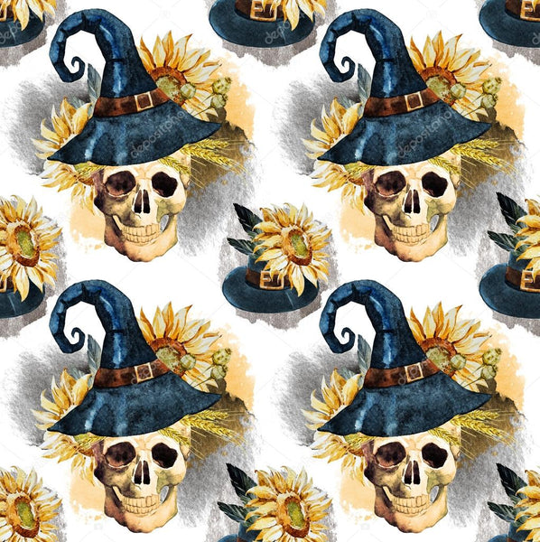 Halloween Fabric, Skull Scarecrow head with Witches Hat, Cotton or Fleece 2049 - Beautiful Quilt 