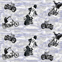 Motorcycle Fabric, Ride 'em, Black on gray and blue, cotton or fleece 280 - Beautiful Quilt 