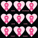 Cancer Fabric, Breast Cancer Fabric, Ribbons in Hearts on Black with words, Cotton or Fleece, 2080 - Beautiful Quilt 