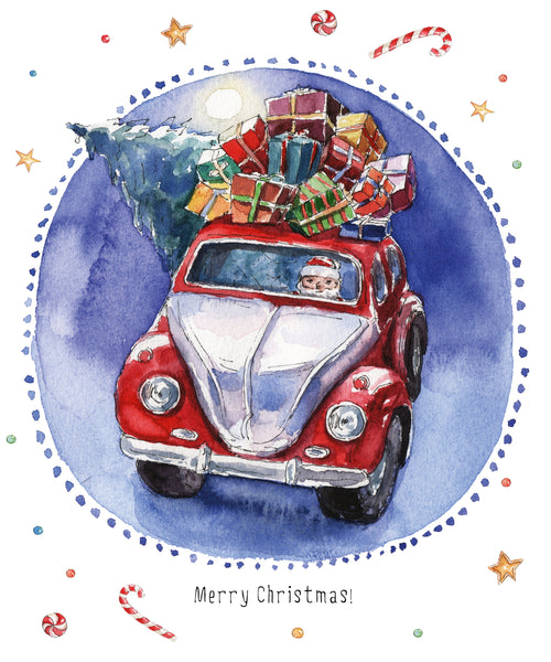 Novelty Christmas Fabric, Watercolor Santa's Car 1315 - Beautiful Quilt 