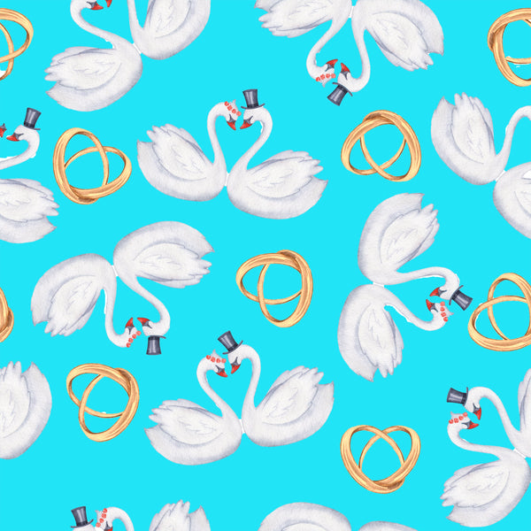 Wedding Fabric, Teal 1, Swans and Rings on Teal, Cotton or Fleece 3971 - Beautiful Quilt 