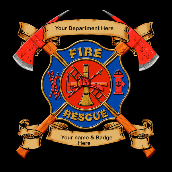Firefighter Fabric, Fire Badge Fabric on Black 1603 - Beautiful Quilt 