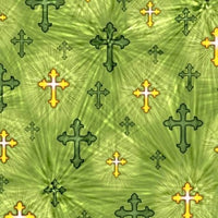 Religious Fabric, Cross Fabric, Gold and Green Crosses 3746 - Beautiful Quilt 