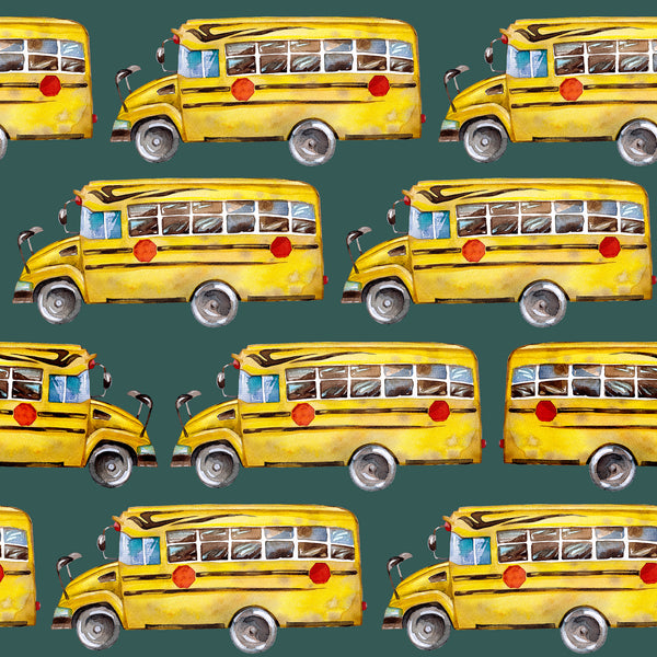 School Bus Fabric, Yellow School Bus on Green, Cotton or Fleece, 3421 - Beautiful Quilt 