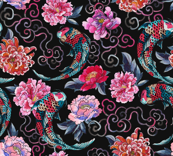 Asian Fabric, Koy Fish on black with pink flowers, Cotton or Fleece, 3817 - Beautiful Quilt 