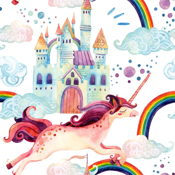 Children's Fabric, Unicorn Fabric on white with Castle, Cotton or Fleece, 4014 - Beautiful Quilt 