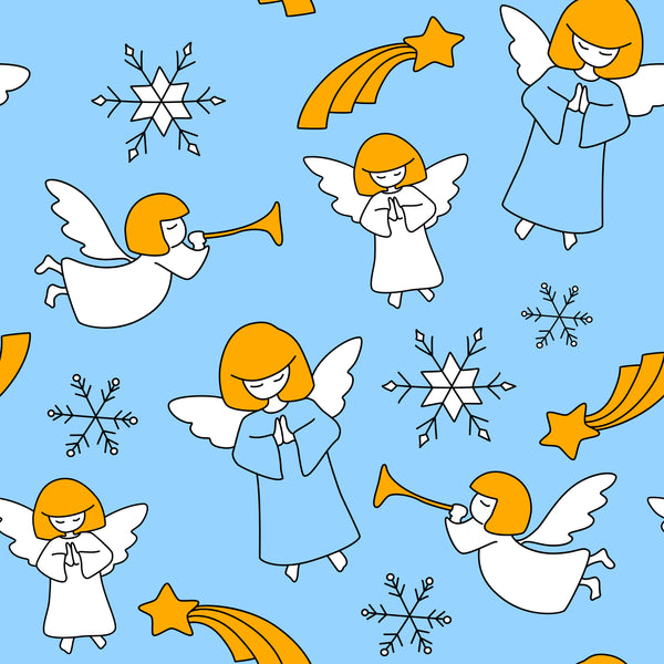 Angel Fabric, AC01, Cartoon Angel Fabric on Blue with snowflake and stars, Cotton or Fleece, 3977 - Beautiful Quilt 
