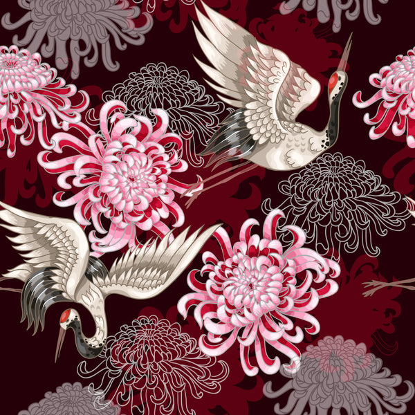 Asian Fabric, Bird Fabric, Crane Fabric and Flowers on Maroon, Cotton or Fleece, 3813 - Beautiful Quilt 