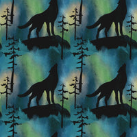 Wolf Fabric, Wolves howling at the moon on blue and green, cotton or fleece, 3303 - Beautiful Quilt 