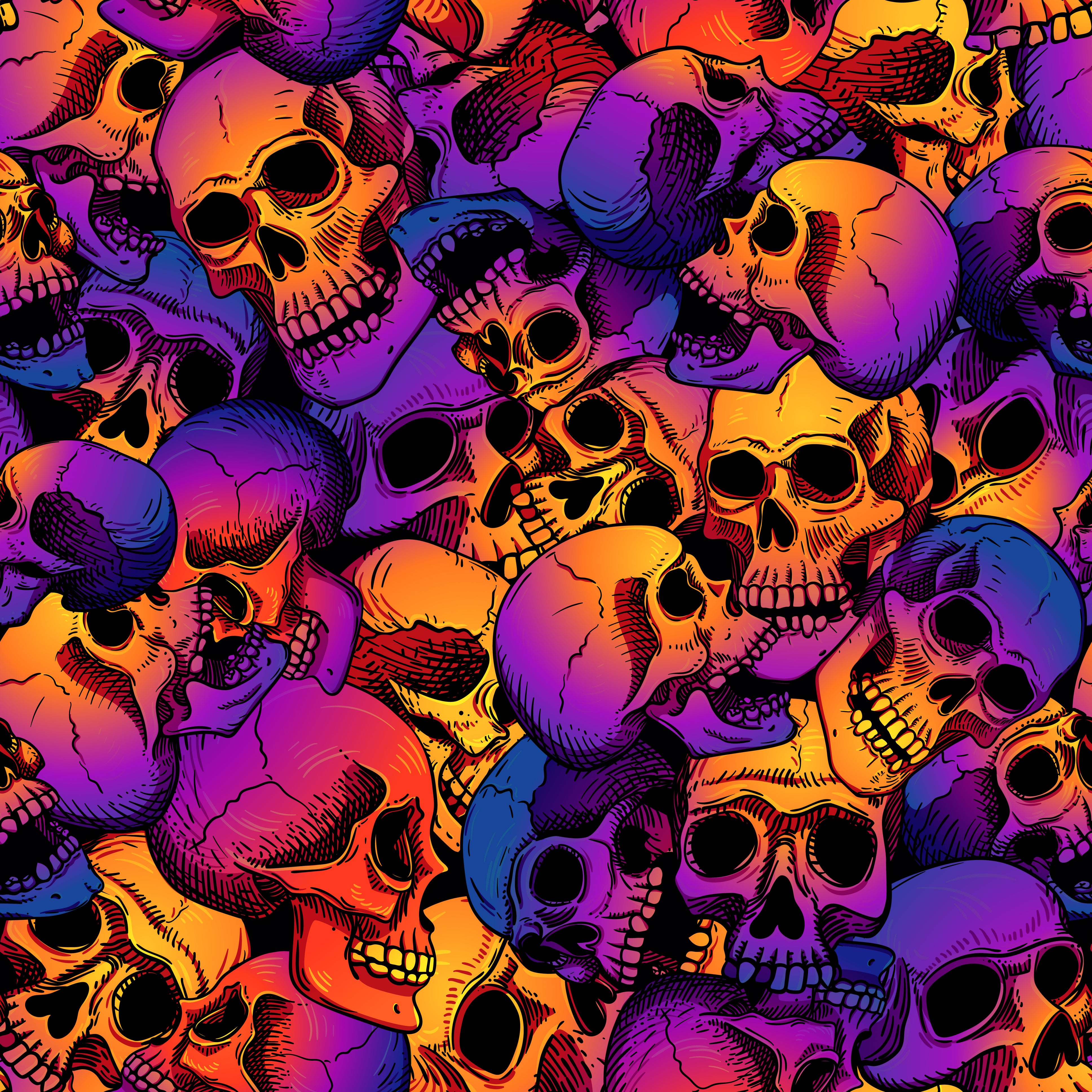 Halloween Fabric, Skull Fabric, Purple Orange and Red, Cotton or