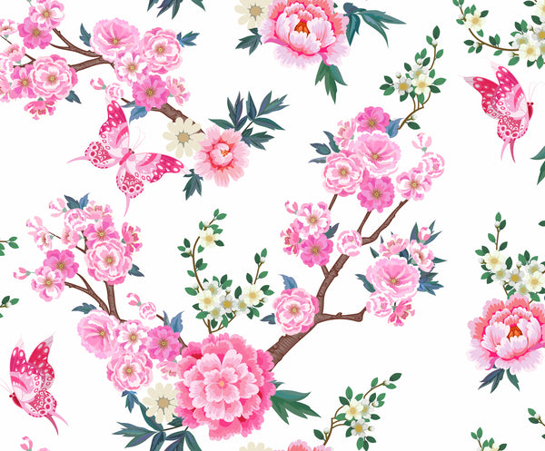 Flower Fabric, Pretty Pink Flower Fabric with Butterflies, Cotton or Fleece, 3941 - Beautiful Quilt 