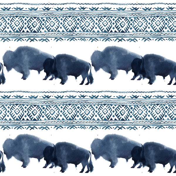 Animal Fabric, Watercolor Buffalo Fabric, Blue Border, Cotton or Fleece 3870 - Beautiful Quilt 