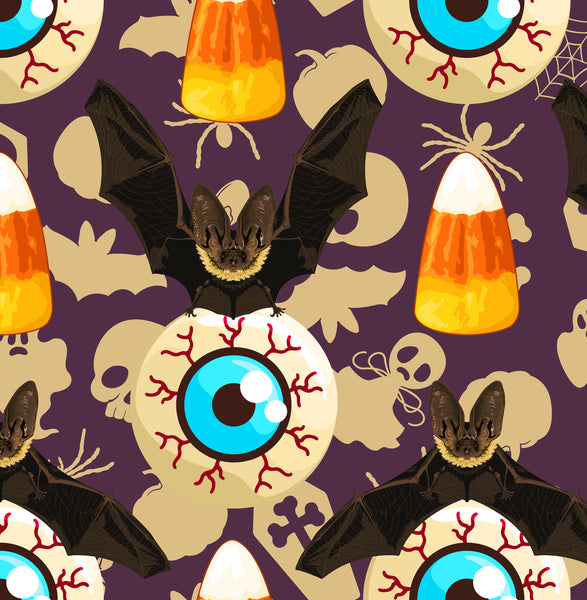 Halloween Fabric, Eyeballs, Bats and Candy Corn Fabric, Cotton or Fleece 1926 - Beautiful Quilt 