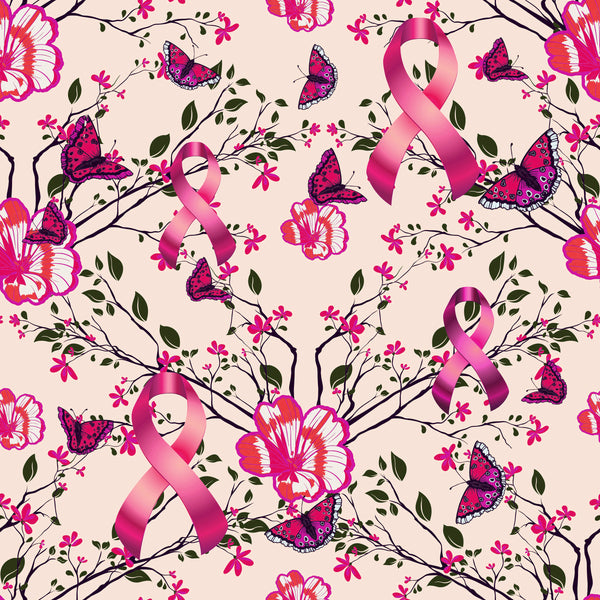 Cancer Fabric, Breast Cancer Fabric, Flowers Butterflies and Ribbons ...