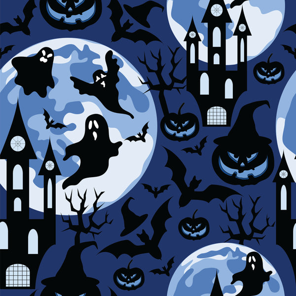 Halloween Fabric, Ghosts, Haunted House on Blue, Cotton or Fleece 1924 - Beautiful Quilt 