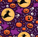 Halloween Fabric, Witches and Pumpkin Fabric on Purple, Cotton or Fleece 1922 - Beautiful Quilt 