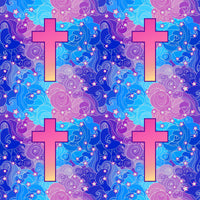 Religious Fabric, Cross Fabric, on Blue and Mauve Background, Cotton or Fleece 10421 - Beautiful Quilt 