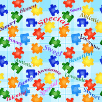Autism Fabric Puzzle Pieces and Words on Blue Plaid, Cotton or Fleece, 3368 - Beautiful Quilt 