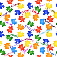 Autism Fabric Puzzle Pieces and Words on White, Cotton or Fleece, 3369 - Beautiful Quilt 