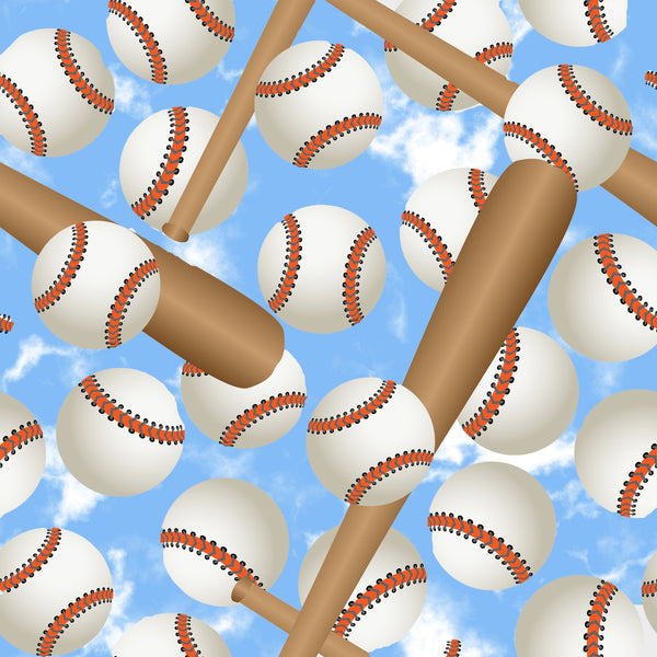 Baseball Fabric, Batts and Balls on a Sky Blue Background, Cotton or Fleece 1787 - Beautiful Quilt 