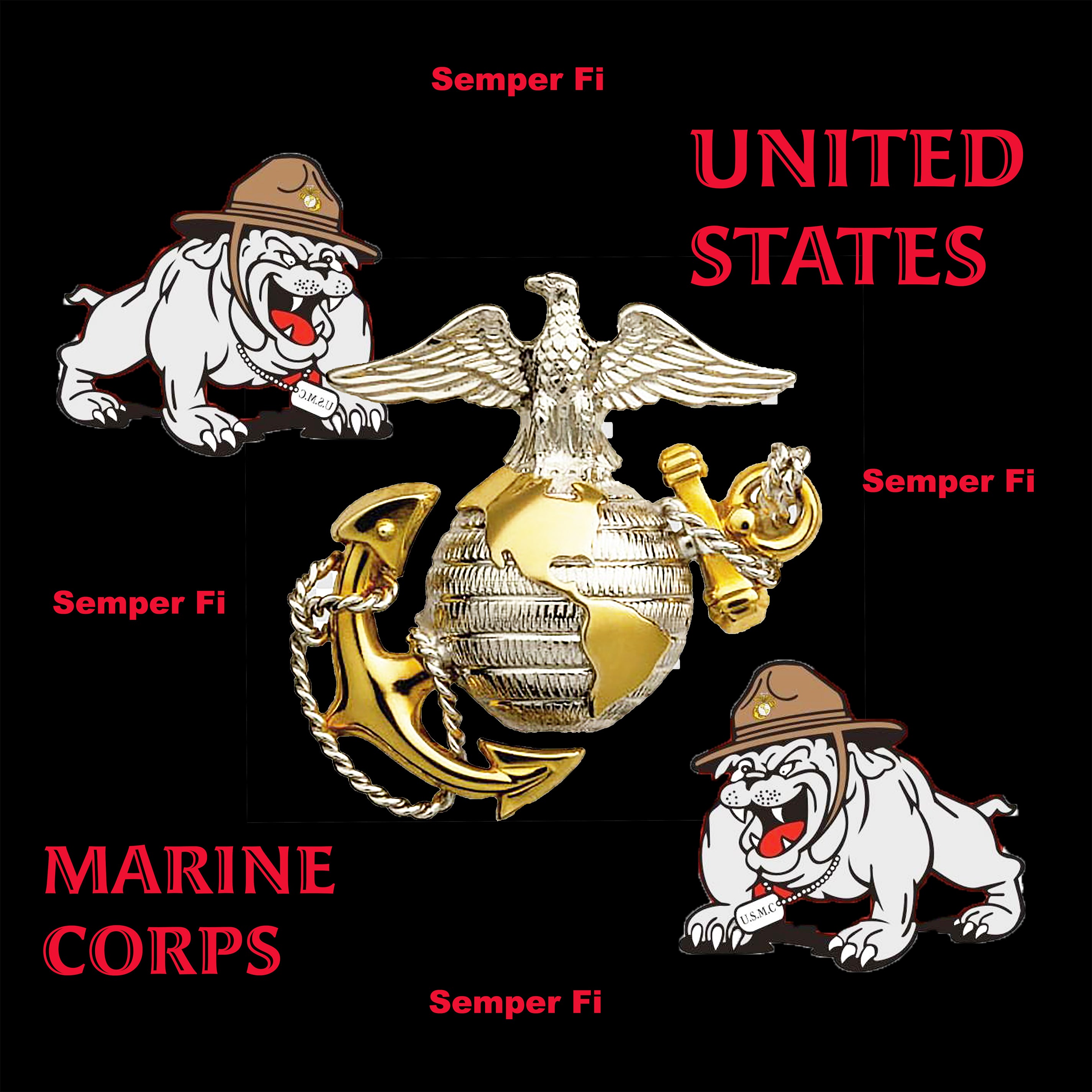 Military Fabric, Marine Corp Logo Fabric and Bulldog on Black, 4009 -  Beautiful Quilt