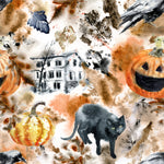 Halloween Fabric, Watercolor Haunted House, Cotton or Fleece, 4039 - Beautiful Quilt 