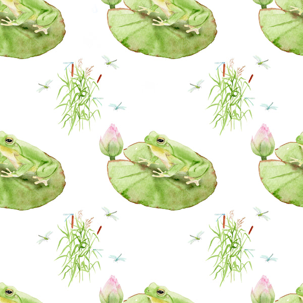 Frog Fabric, Watercolor Frogs on a Lily Pad, Cotton or Fleece, 2032 - Beautiful Quilt 
