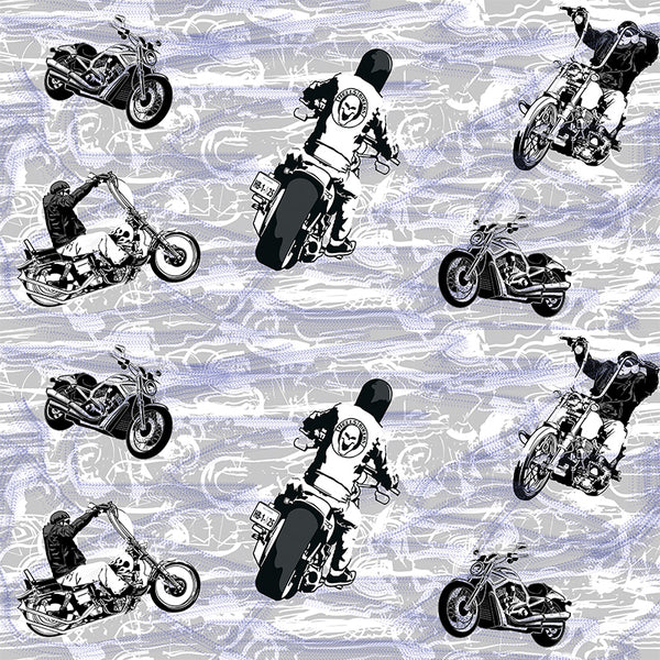 Motorcycle Fabric, Ride 'em, Black on gray and blue, cotton or fleece 280 - Beautiful Quilt 