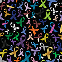 Cancer Fabric, Multi Cancer Awareness Ribbon on Black, Cotton or Fleece 2260 - Beautiful Quilt 