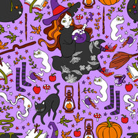 Halloween Fabric, Witch Fabric on purple with assessories, Blue, Cotton or Fleece, 4027 - Beautiful Quilt 