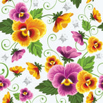 Flower Fabric, Pretty Pansy Flowers in Gold and Rose on white 1589 - Beautiful Quilt 