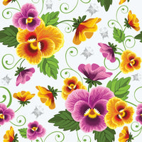 Flower Fabric, Pretty Pansy Flowers in Gold and Rose on white 1589 - Beautiful Quilt 