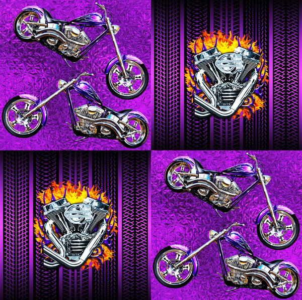Motorcycle Fabric, Purple Choppers, Tire Treads and Engine, Cotton or Fleece 1903 - Beautiful Quilt 
