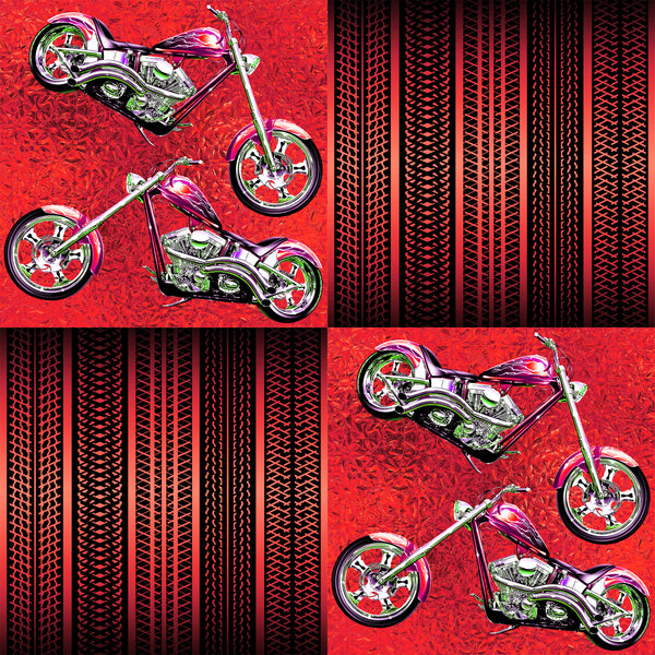 Motorcycle Fabric, Red Choppers and Tire Treads, Cotton or Fleece 1904 - Beautiful Quilt 