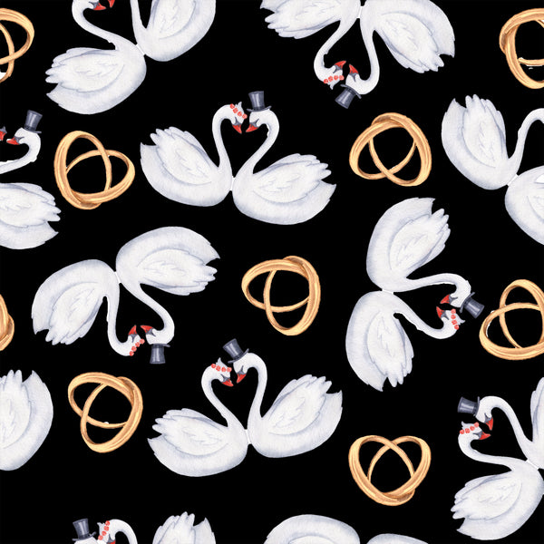 Wedding Fabric, Black 1, Swans and Rings on Black, Cotton or Fleece 3965 - Beautiful Quilt 