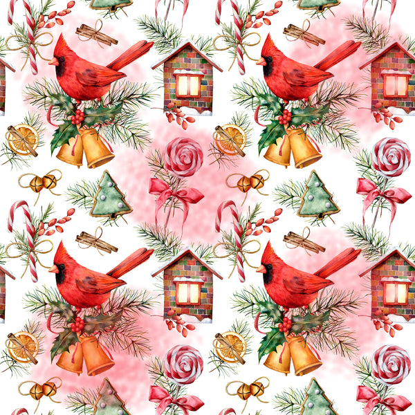 Christmas Fabric, Cardinals with Christmas Goodies, Cotton or Fleece 1754 - Beautiful Quilt 